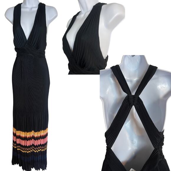 ALC Black Pleated Maxi Dress Gown Womens 4 Halter Open Back Pink Stripe Deep V - Picture 1 of 14